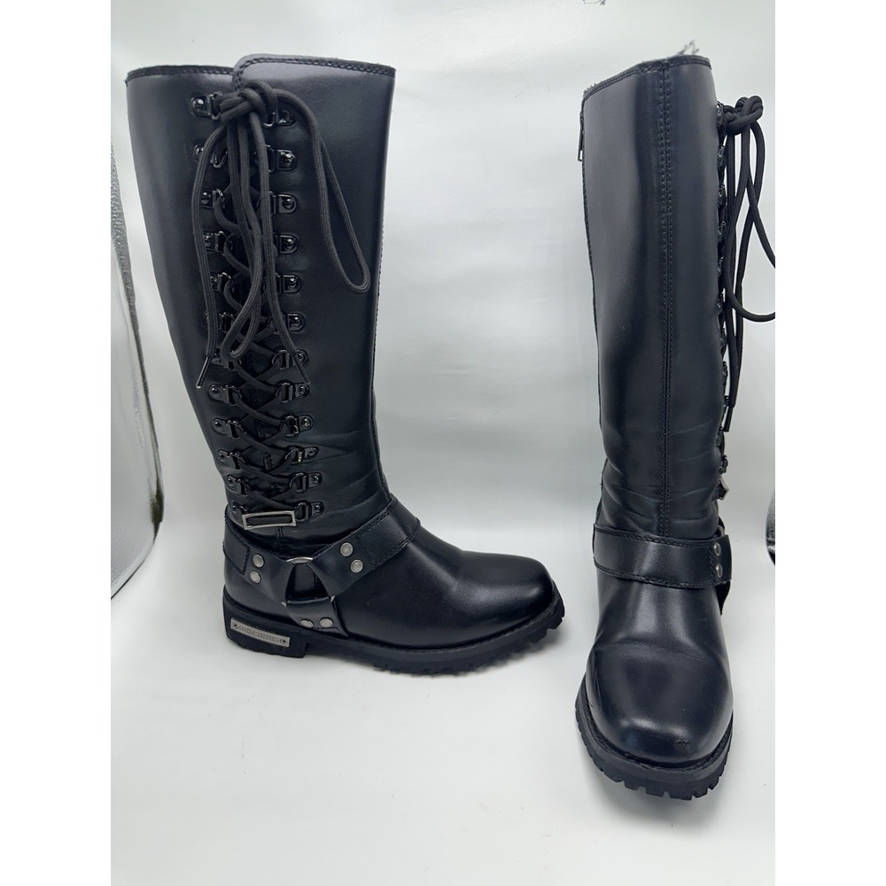 Dream Apparel Womens Black Lace Up Knee High Harness Riding Boots Size 7.5